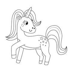 Cute black and white cartoon unicorn on a white background. Children's coloring book.