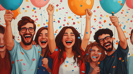 A group of friends celebrating with balloons and confetti, cartoon style, with bright colors, playful expressions, and a festive mood 