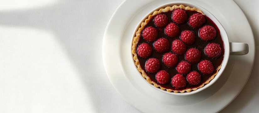 Vintage white backdrop features a white cup of coffee beside a raspberry tartlet loaded with fresh raspberries, creating an inviting culinary scene.