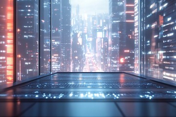 Futuristic cityscape viewed from a high-rise building at night, showcasing illuminated skyscrapers and neon lights.