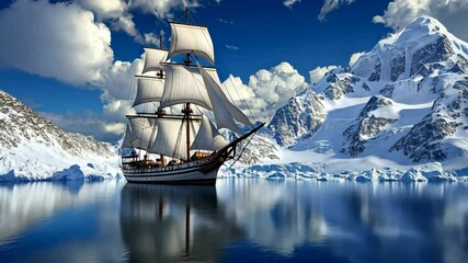 Majestic tall ship navigating icy waters surrounded by towering mountains and dramatic skies - Powered by Adobe