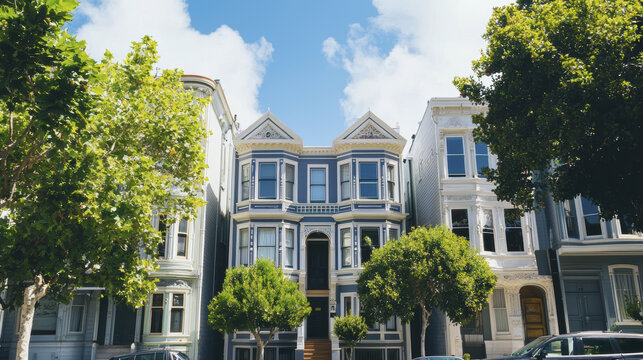 Victorian style houses with trees under blue sky create charming scene