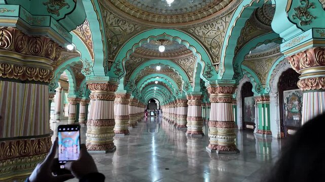 4K Video the beautiful decorative columns inside Mysore Palace in India