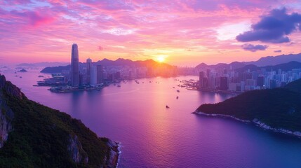 Naklejka premium Hong Kong Skyline Sunset Aerial View