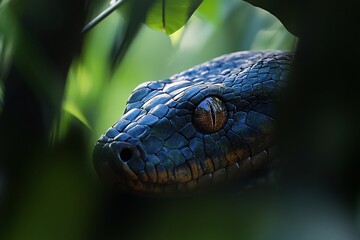 Obraz premium Close-up of a dark-colored snake's head and eyes peering from lush green foliage.