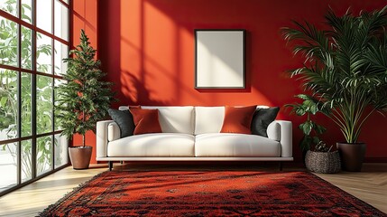 christmas tree and sofa in living room with red wall 3d render