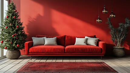 christmas tree and sofa on red wall background 3d render
