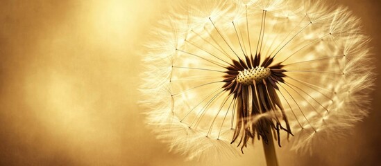 Obraz premium Vintage style abstract closeup of a soft focus dandelion flower against a warm golden background with delicate seed details prominently displayed.