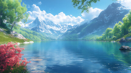 A pristine lake surrounded by towering mountains, realistic style, with crystal-clear water reflecting the sky, soft shadows, and a serene atmosphere 