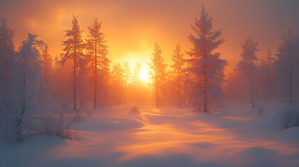 Fototapeta premium Winter Sunrise in Snowy Forest, Golden Light, Peaceful Landscape, Nature Photography