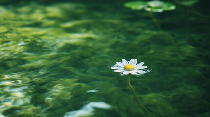 White Flower Floating in Shallow Dark Green Water;keywords flower,white,yellow,water,green,nature,st