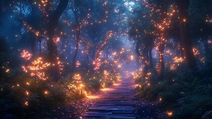A surreal forest with glowing plants and magical creatures, fantasy style, with a focus on wonder and preservation, dreamy lighting 
