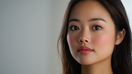 Fototapeta premium Captivating portrait of a young woman studio photography neutral background close-up beauty and emotion