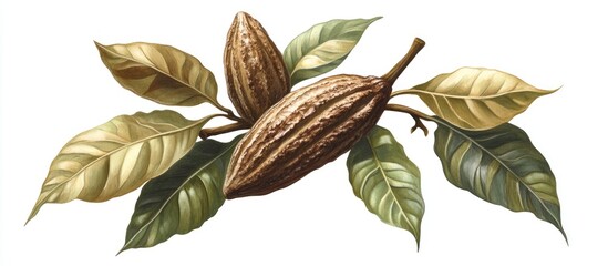 Cocoa pod with distinct brown stripes and green leaves positioned elegantly against a clean white background highlighting natural beauty and texture