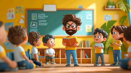 A volunteer teaching children in a classroom, cartoon style, with bright colors, playful expressions, and a focus on education and community 