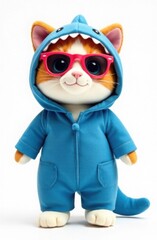 Plush toy cat in blue shark costume and color sunglasses. Trendy character, template for notebook, teenager's diary design, on white background