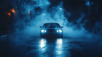 Mysterious car encounter in foggy night urban setting photo dark atmosphere low angle enigmatic mood