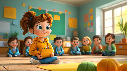 A volunteer teaching children in a classroom, cartoon style, with bright colors, playful expressions, and a focus on education and community 