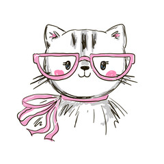 Hand drawn cute cat with glasses. Vector illustration in cartoon style.