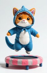 Plush toy cat in blue shark costume jumping on trampoline. Trendy character, template for notebook, teenager's diary design, on white background