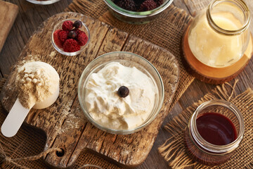Greek yogurt with whey protein and freeze dried berries - ingredients for the praparation of healthy sweets