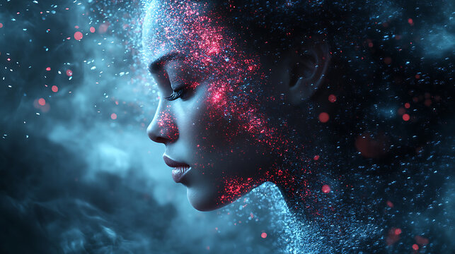 A woman breaking through a glass ceiling, symbolic of empowerment, digital art, futuristic, with glowing particles, dynamic composition, and a sense of triumph 