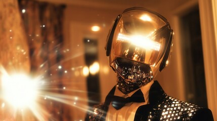 Energetic robot musician performing at lively event.