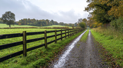 serene country road lined with wooden fence, surrounded by lush greenery and autumn foliage. wet path reflects cloudy sky