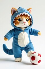 Plush toy cat in blue shark costume playing football. Trendy character, template for notebook, teenager's diary design, on white background