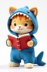 Plush toy cat in blue shark costume reading a book. Trendy character, template for notebook, teenager's diary design, on white background