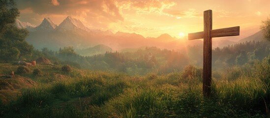 Wooden cross in lush green grass at sunset with mountains in background creating a serene and spiritual atmosphere in warm orange and green tones
