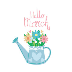 Hello March quote. Floral springtime hand drawn prints design. Positive stickers, postcards or posters