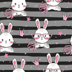 Seamless pattern with a cute cartoon bunny. Vector illustration. Creative childish background.