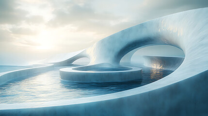 An abstract representation of water conservation, with flowing blue tones and geometric shapes, modern art, with a futuristic and innovative feel, glowing effects 