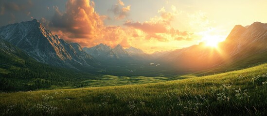 Vibrant green landscape with mountains in the background illuminated by a warm sunset with orange and pink hues in the sky and serene atmosphere.