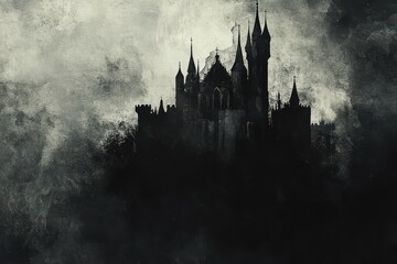 Dark and moody castle with tall spires against fog