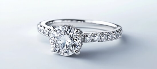 Elegant silver engagement ring with a central round diamond and a band adorned with smaller diamond accents, set against a soft gradient gray background.