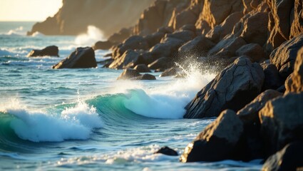 Close-up of ocean waves crashing against sharp rocks on a rugged coastline
