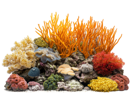 Vibrant coral reef with colorful corals, sea sponges, and marine life. This underwater scene showcases beauty and diversity of ocean ecosystems, perfect for nature lovers