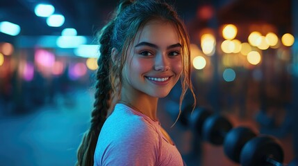 Young woman with braided hair smiles confidently in a vibrant gym filled with workout equipment during evening hours