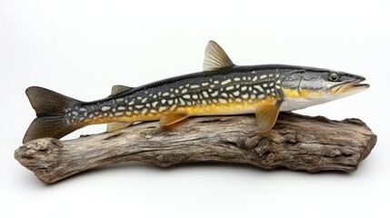 Naklejka premium Pike fish relaxing on rustic dock with tranquil white background