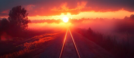 Train tracks disappearing into fog at dawn with vibrant orange clouds and a glowing sun rising in the background illuminating the scene.