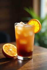 Refreshing iced coffee, orange slices, wood table, texture, rustic, stock