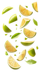 flying bergamot slices isolated on transparent white background, clipping path