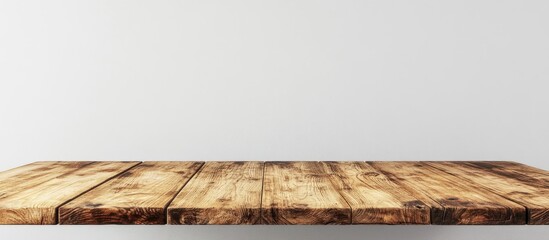 Wooden table with a rustic finish centered against a clean white background ideal for product staging and promotional material display.