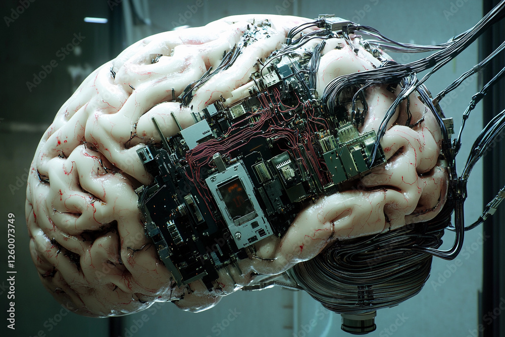 Fototapete futuristic brain design featuring circuit board elements merging technology with organic structure