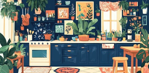 Cozy kitchen interior filled with plants and decor