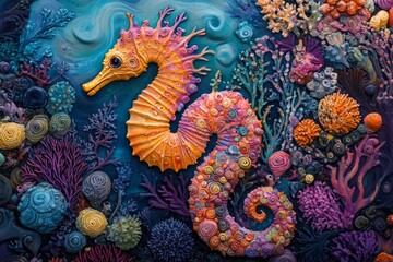 Obraz premium Sculpted seahorse in vibrant coral reef art