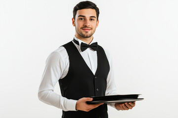 Professional waiter holding a tray with assorted drinks – Ai generative