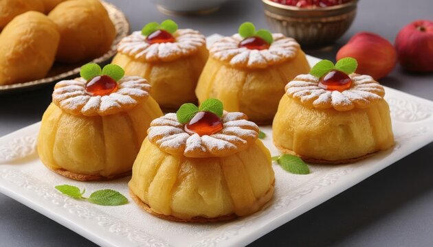 Vibrant food photography a delicious Baluchi sweet with a modern twist, glistening with syrup and sprinkled with edible gold flakes, set on a minimalist marble table